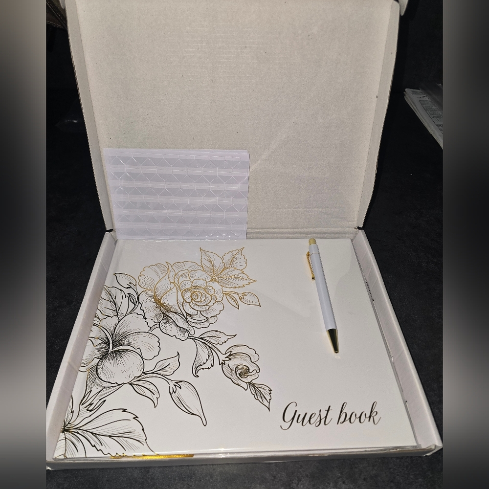 Elegant Gold and White Guest Book with Pen